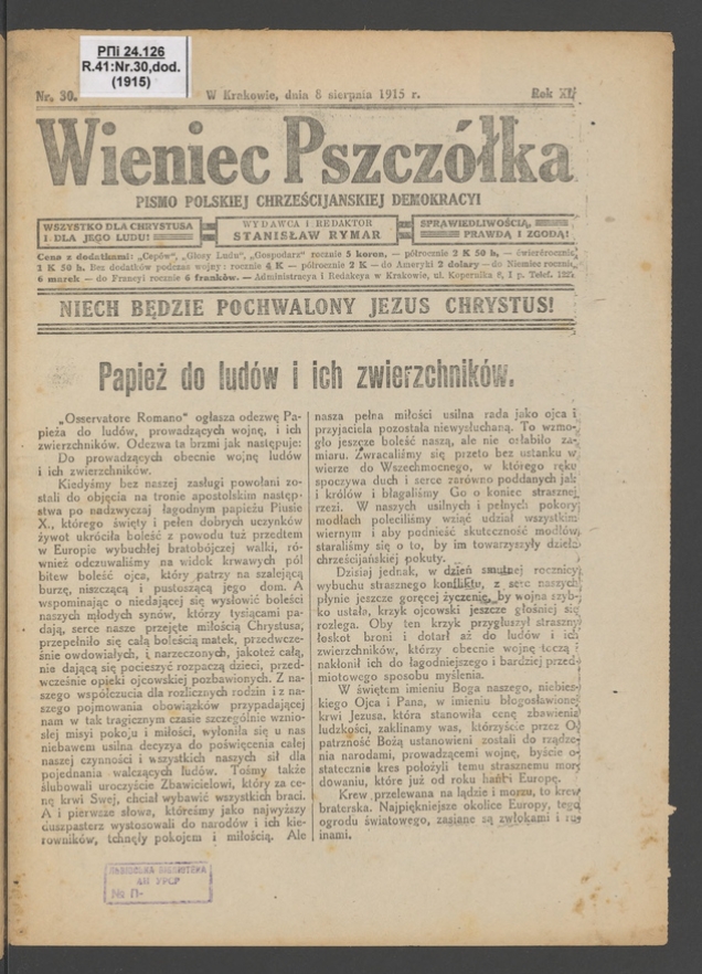 Wieniec-Pszcz&oacute;łka&nbsp;: pismo polskiej chrześcijańskiej demokracyi. Rok&nbsp;40, 1915, numer&nbsp;30