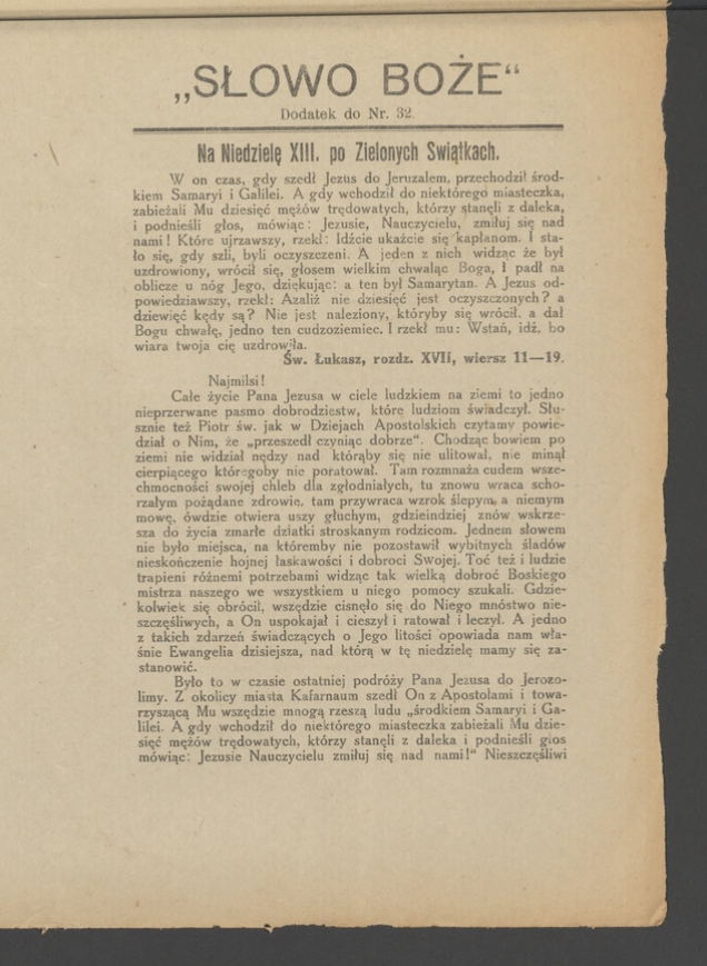 Słowo Boże&nbsp;: dodatek do&nbsp;numeru&nbsp;32 &bdquo;Wieńca-Pszcz&oacute;łki&rdquo;. Rok&nbsp;40, 1915