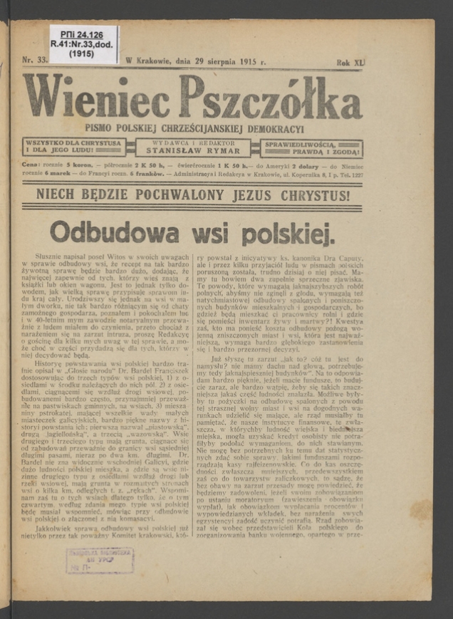 Wieniec-Pszcz&oacute;łka&nbsp;: pismo polskiej chrześcijańskiej demokracyi. Rok&nbsp;40, 1915, numer&nbsp;33