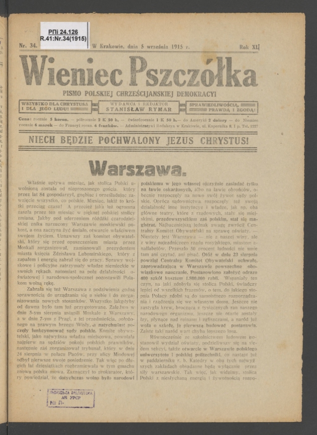 Wieniec-Pszcz&oacute;łka&nbsp;: pismo polskiej chrześcijańskiej demokracyi. Rok&nbsp;40, 1915, numer&nbsp;34