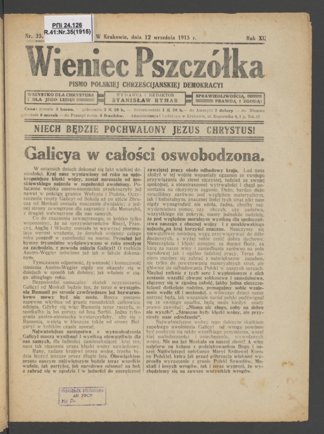 Wieniec-Pszcz&oacute;łka&nbsp;: pismo polskiej chrześcijańskiej demokracyi. Rok&nbsp;40, 1915, numer&nbsp;35