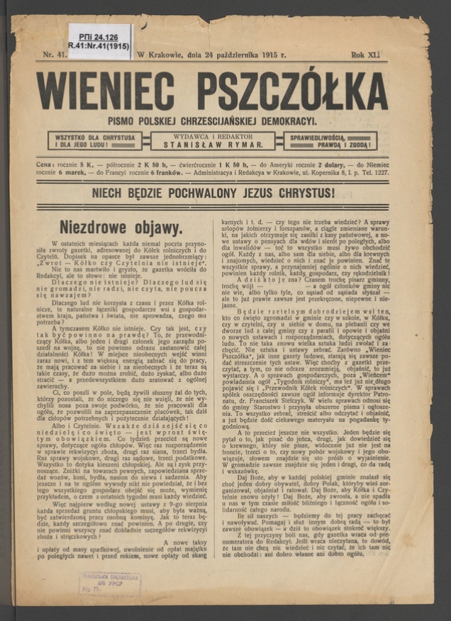 Wieniec-Pszcz&oacute;łka&nbsp;: pismo polskiej chrześcijańskiej demokracyi. Rok&nbsp;40, 1915, numer&nbsp;41