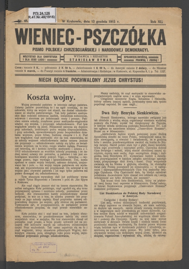 Wieniec-Pszcz&oacute;łka&nbsp;: pismo polskiej chrześcijańskiej i&nbsp;narodowej demokracyi. Rok&nbsp;40, 1915, numer&nbsp;48
