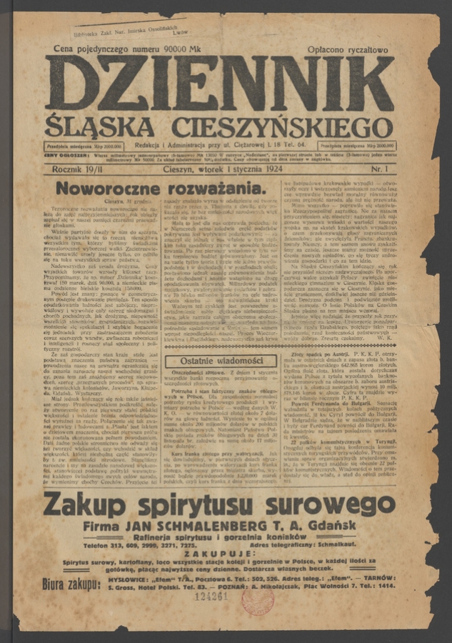 Dziennik Śląska Cieszyńskiego. Rocznik&nbsp;19/2, 1924, numer&nbsp;1