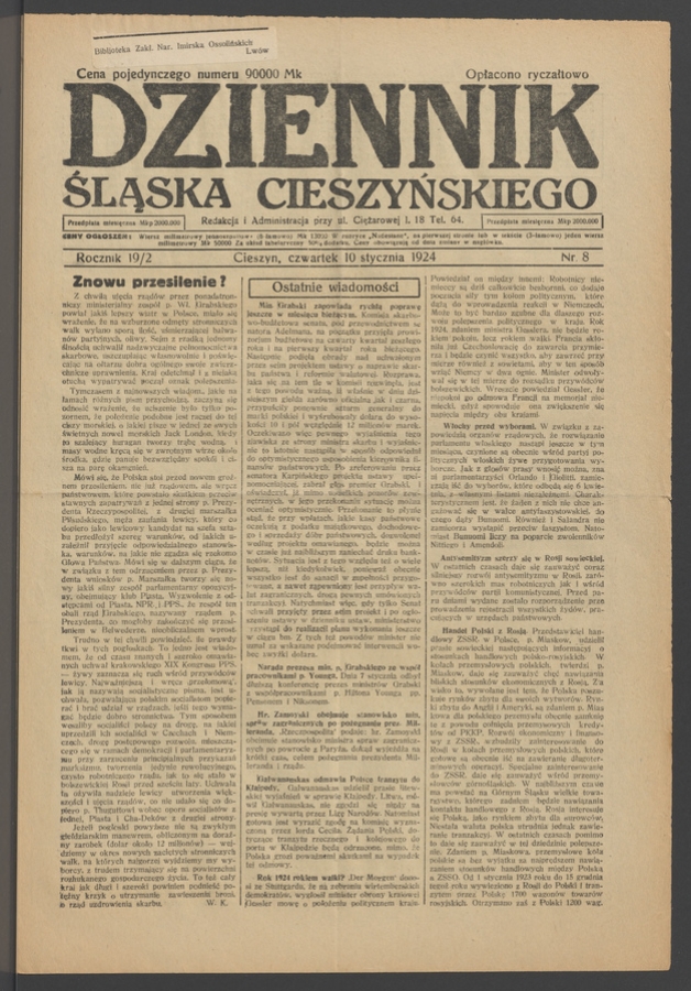 Dziennik Śląska Cieszyńskiego. Rocznik&nbsp;19/2, 1924, numer&nbsp;8