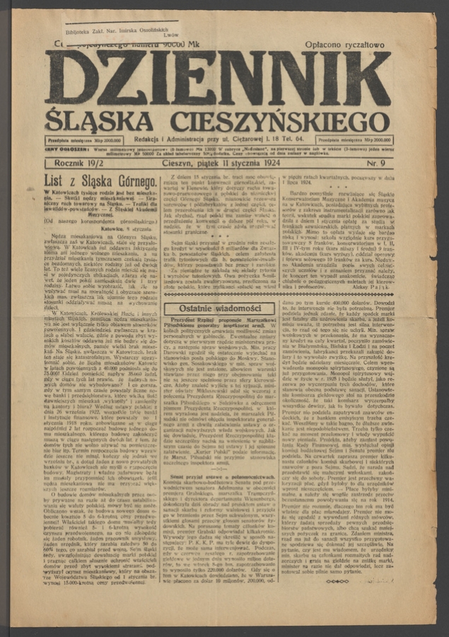 Dziennik Śląska Cieszyńskiego. Rocznik&nbsp;19/2, 1924, numer&nbsp;9