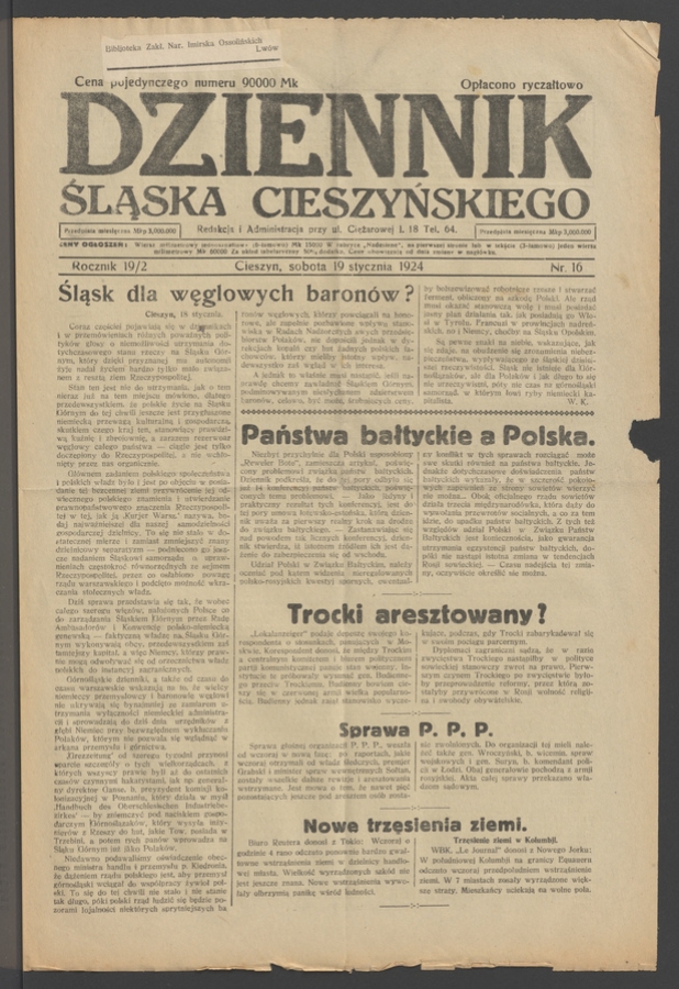 Dziennik Śląska Cieszyńskiego. Rocznik&nbsp;19/2, 1924, numer&nbsp;16