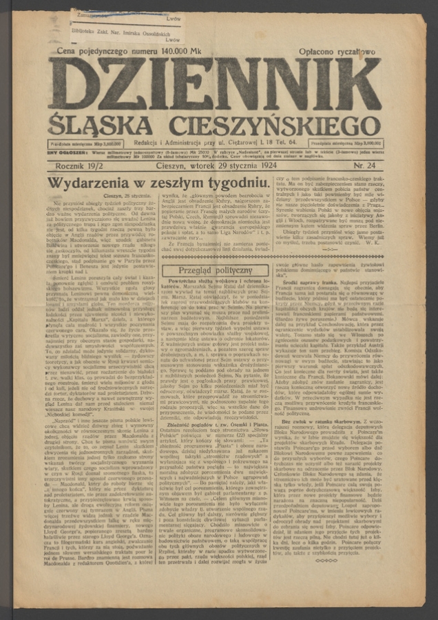 Dziennik Śląska Cieszyńskiego. Rocznik&nbsp;19/2, 1924, numer&nbsp;24