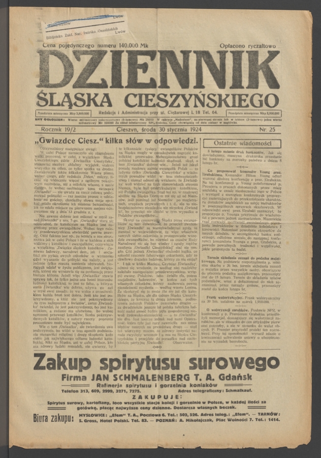 Dziennik Śląska Cieszyńskiego. Rocznik&nbsp;19/2, 1924, numer&nbsp;25