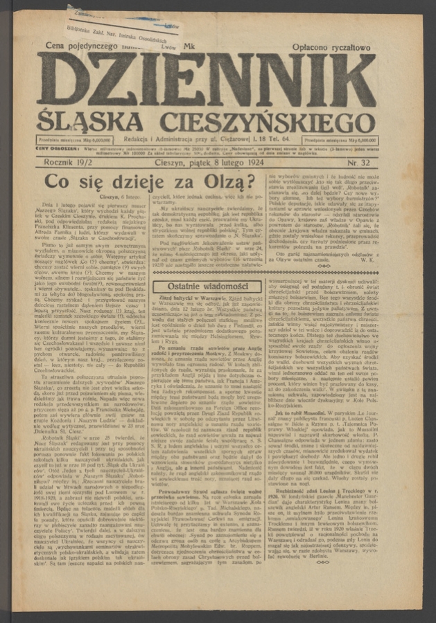 Dziennik Śląska Cieszyńskiego. Rocznik&nbsp;19/2, 1924, numer&nbsp;32