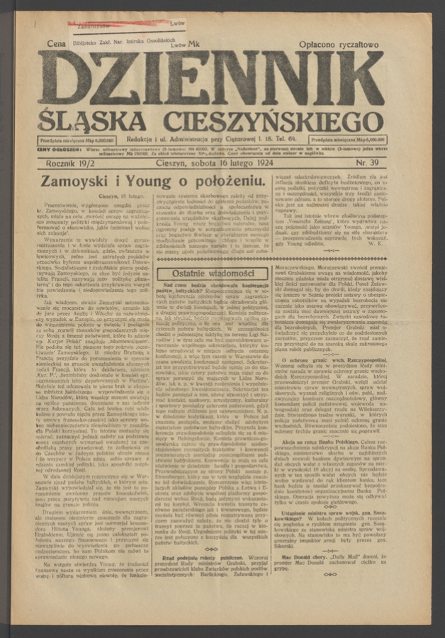 Dziennik Śląska Cieszyńskiego. Rocznik&nbsp;19/2, 1924, numer&nbsp;39
