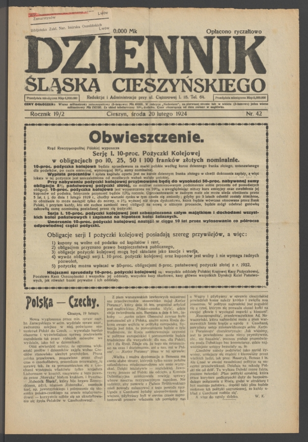 Dziennik Śląska Cieszyńskiego. Rocznik&nbsp;19/2, 1924, numer&nbsp;42