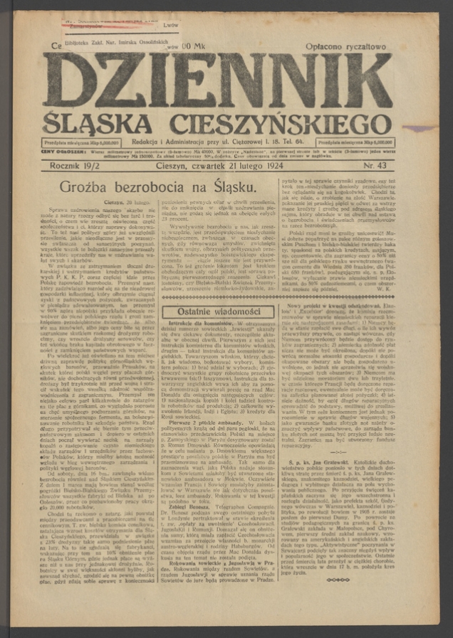 Dziennik Śląska Cieszyńskiego. Rocznik&nbsp;19/2, 1924, numer&nbsp;43
