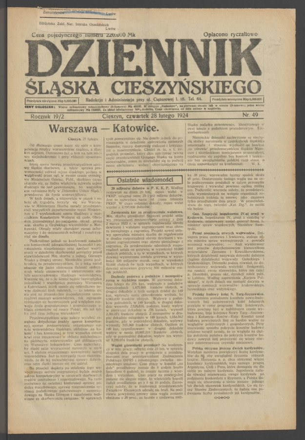 Dziennik Śląska Cieszyńskiego. Rocznik&nbsp;19/2, 1924, numer&nbsp;49