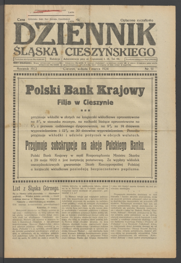 Dziennik Śląska Cieszyńskiego. Rocznik&nbsp;19/2, 1924, numer&nbsp;51