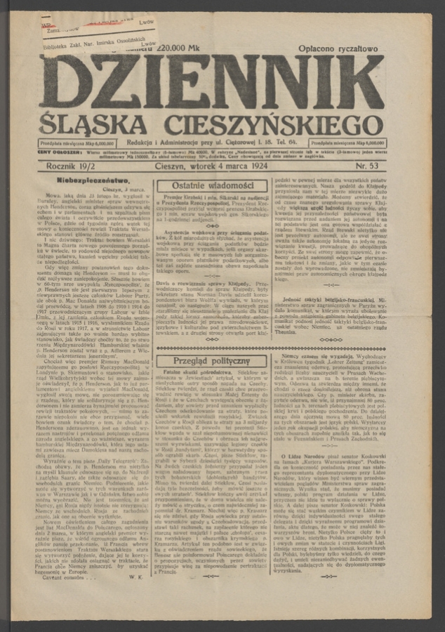 Dziennik Śląska Cieszyńskiego. Rocznik&nbsp;19/2, 1924, numer&nbsp;53
