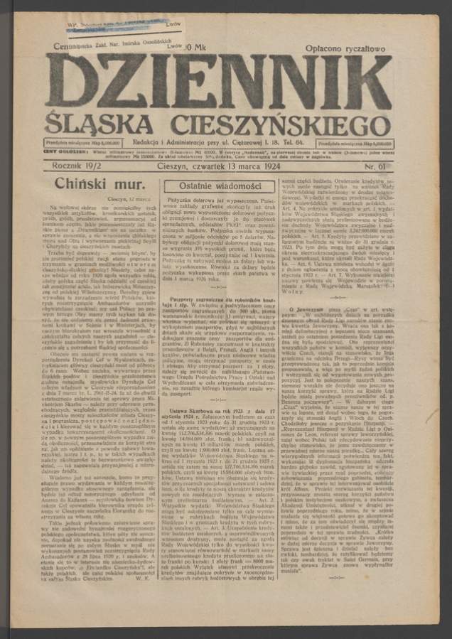 Dziennik Śląska Cieszyńskiego. Rocznik&nbsp;19/2, 1924, numer&nbsp;61