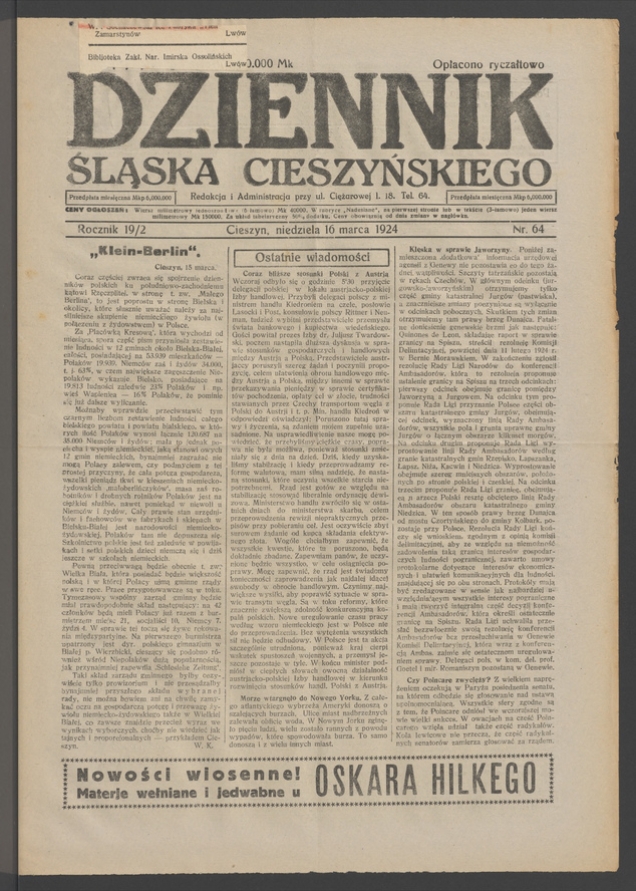 Dziennik Śląska Cieszyńskiego. Rocznik&nbsp;19/2, 1924, numer&nbsp;64