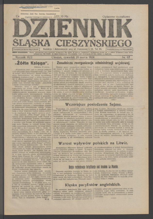 Dziennik Śląska Cieszyńskiego. Rocznik&nbsp;19/2, 1924, numer&nbsp;67