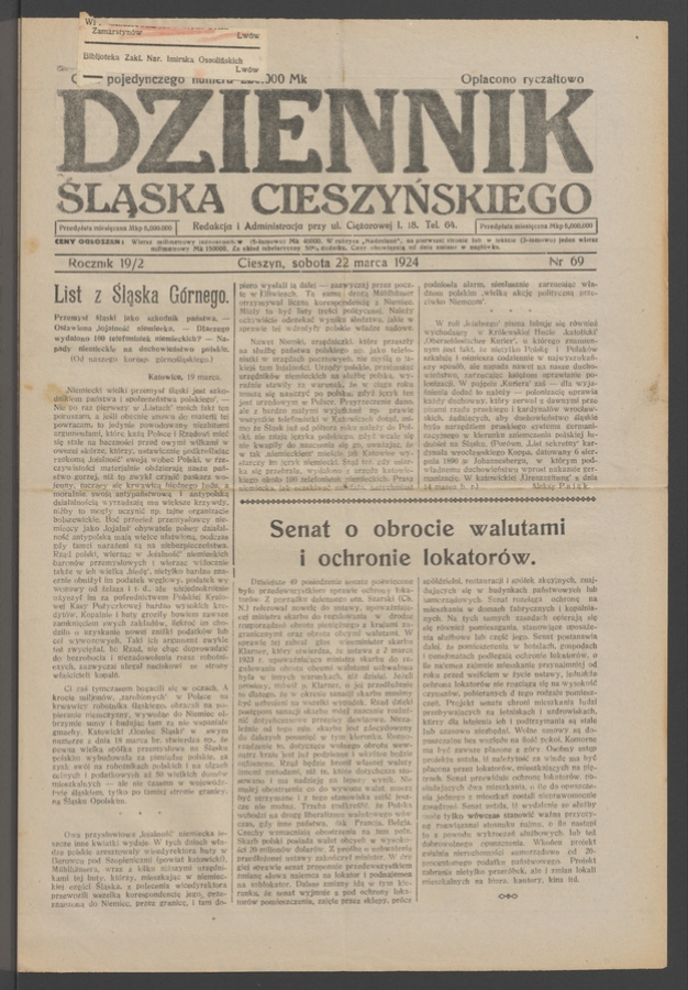 Dziennik Śląska Cieszyńskiego. Rocznik&nbsp;19/2, 1924, numer&nbsp;69