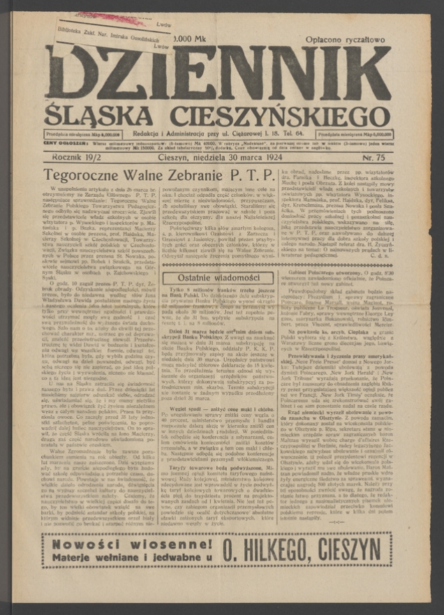 Dziennik Śląska Cieszyńskiego. Rocznik&nbsp;19/2, 1924, numer&nbsp;75