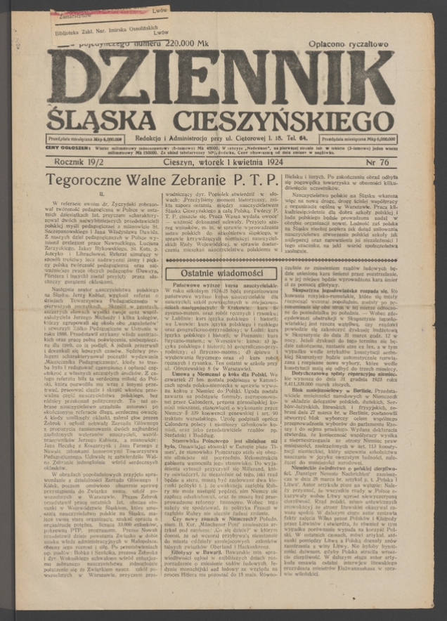 Dziennik Śląska Cieszyńskiego. Rocznik&nbsp;19/2, 1924, numer&nbsp;76