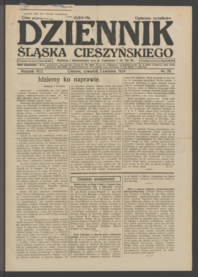 Dziennik Śląska Cieszyńskiego. Rocznik&nbsp;19/2, 1924, numer&nbsp;78