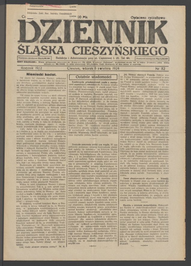 Dziennik Śląska Cieszyńskiego. Rocznik&nbsp;19/2, 1924, numer&nbsp;82