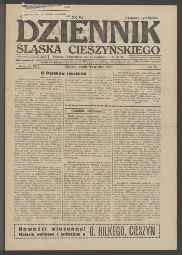 Dziennik Śląska Cieszyńskiego. Rocznik&nbsp;19/2, 1924, numer&nbsp;83