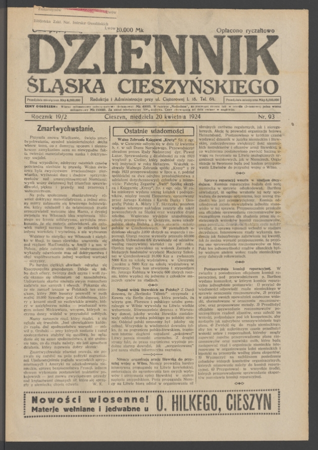 Dziennik Śląska Cieszyńskiego. Rocznik&nbsp;19/2, 1924, numer&nbsp;93