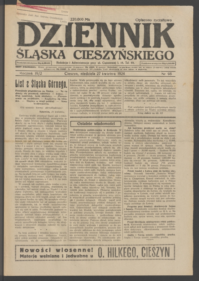 Dziennik Śląska Cieszyńskiego. Rocznik&nbsp;19/2, 1924, numer&nbsp;98