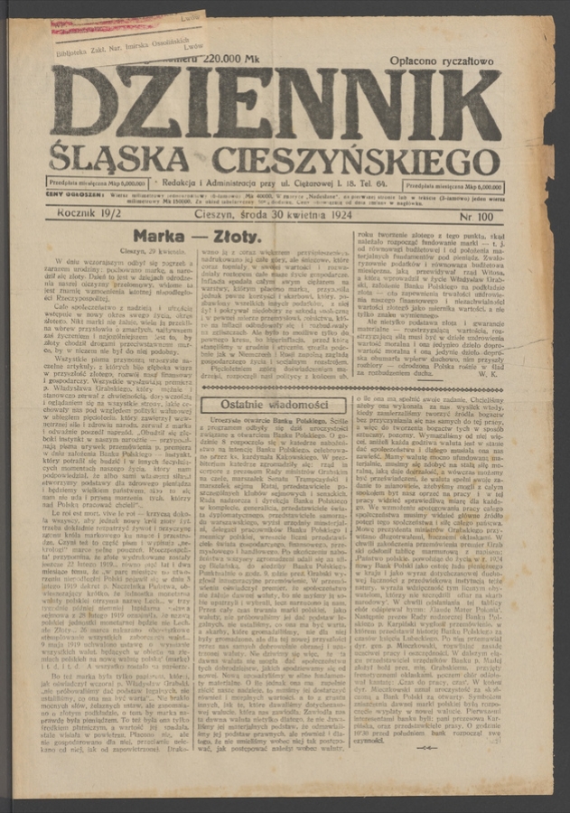 Dziennik Śląska Cieszyńskiego. Rocznik&nbsp;19/2, 1924, numer&nbsp;100