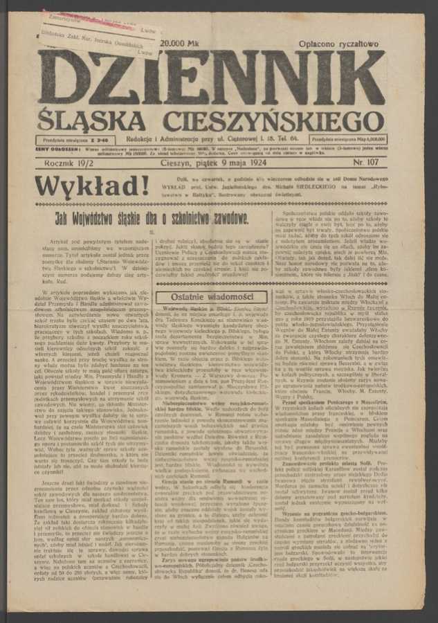 Dziennik Śląska Cieszyńskiego. Rocznik&nbsp;19/2, 1924, numer&nbsp;107