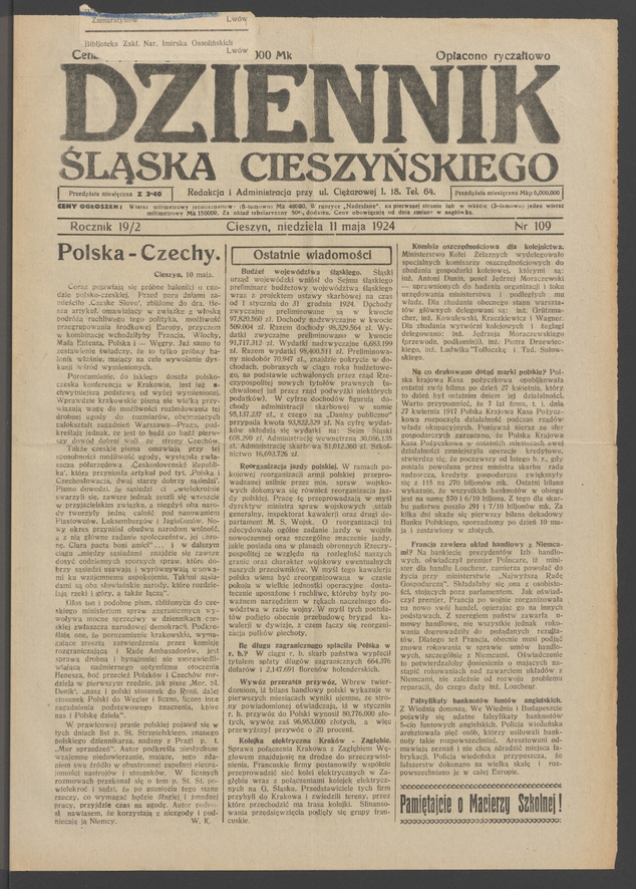 Dziennik Śląska Cieszyńskiego. Rocznik&nbsp;19/2, 1924, numer&nbsp;109