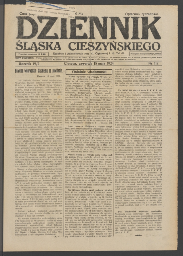 Dziennik Śląska Cieszyńskiego. Rocznik&nbsp;19/2, 1924, numer&nbsp;112