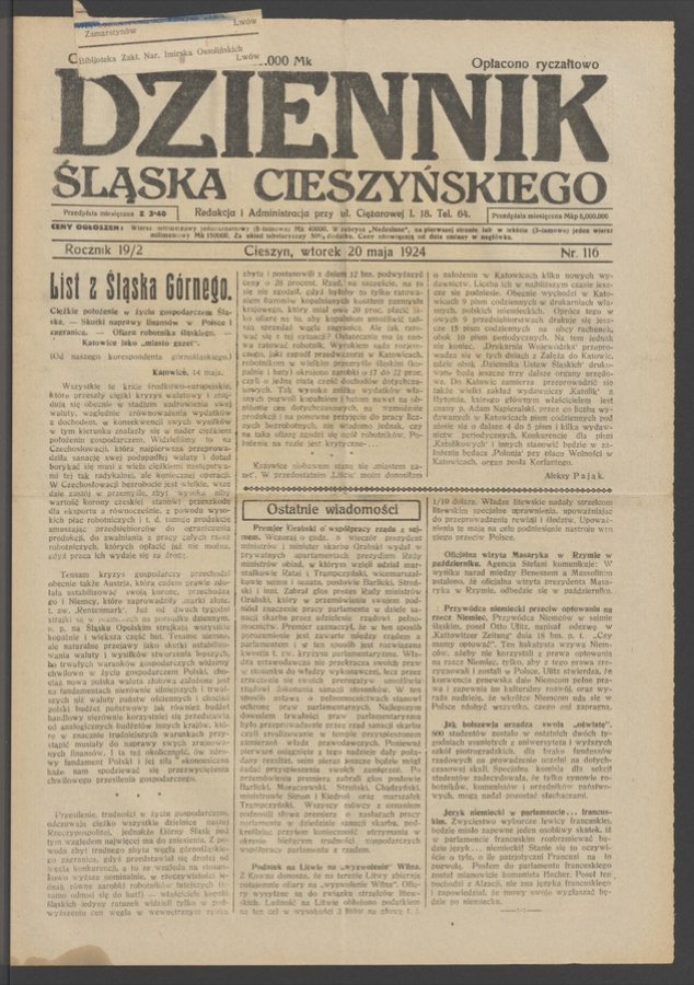 Dziennik Śląska Cieszyńskiego. Rocznik&nbsp;19/2, 1924, numer&nbsp;116