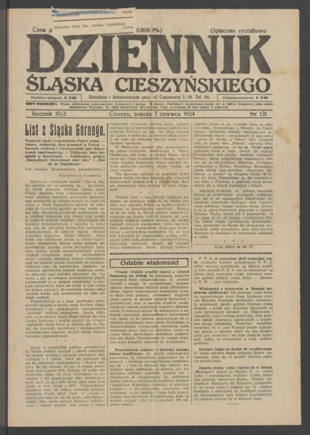 Dziennik Śląska Cieszyńskiego. Rocznik&nbsp;19/2, 1924, numer&nbsp;131