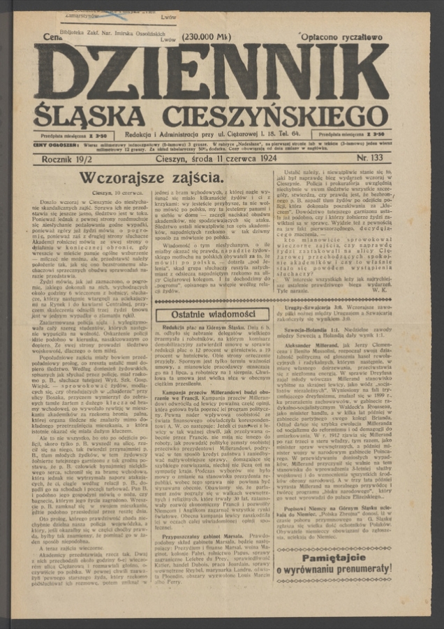 Dziennik Śląska Cieszyńskiego. Rocznik&nbsp;19/2, 1924, numer&nbsp;133
