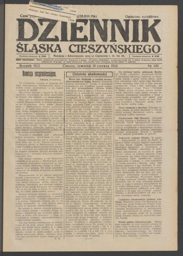 Dziennik Śląska Cieszyńskiego. Rocznik&nbsp;19/2, 1924, numer&nbsp;140