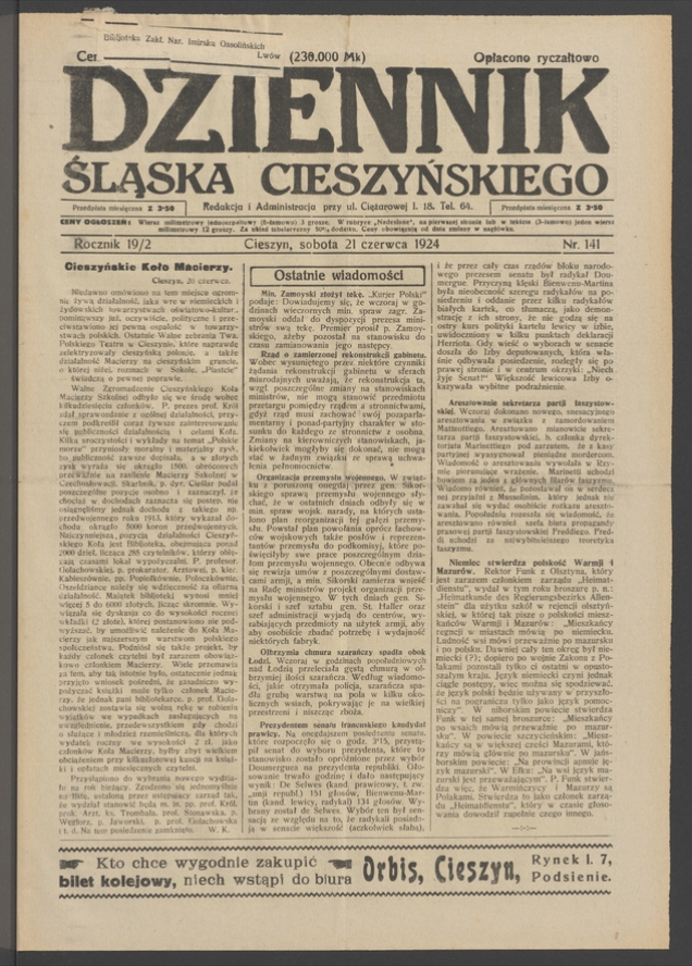 Dziennik Śląska Cieszyńskiego. Rocznik&nbsp;19/2, 1924, numer&nbsp;141