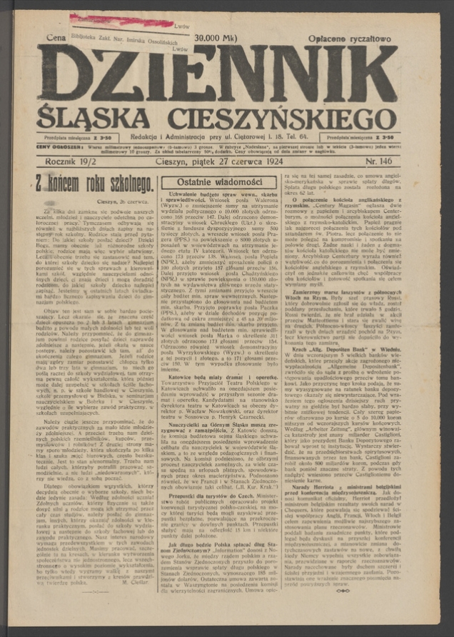 Dziennik Śląska Cieszyńskiego. Rocznik&nbsp;19/2, 1924, numer&nbsp;146
