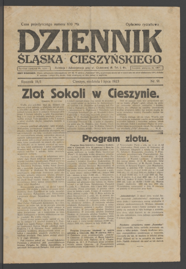 Dziennik Śląska Cieszyńskiego. Rocznik&nbsp;18/1, 1923, numer&nbsp;91