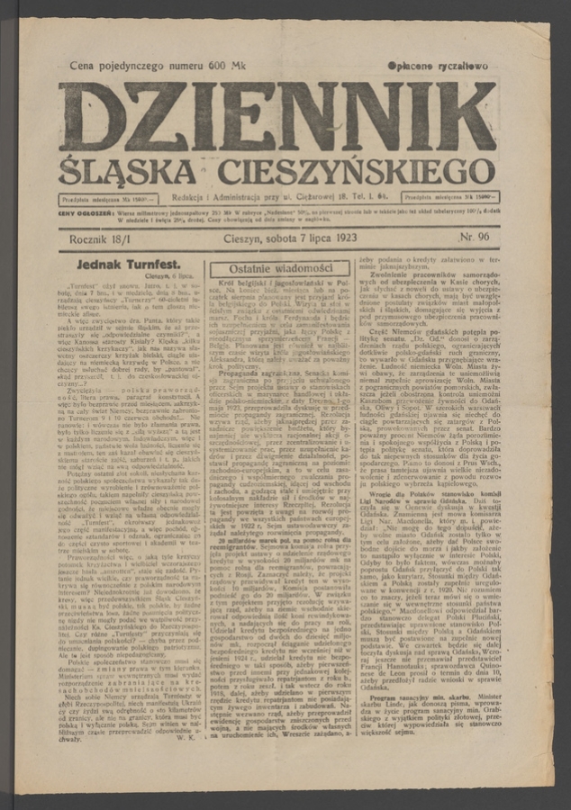 Dziennik Śląska Cieszyńskiego. Rocznik&nbsp;18/1, 1923, numer&nbsp;96