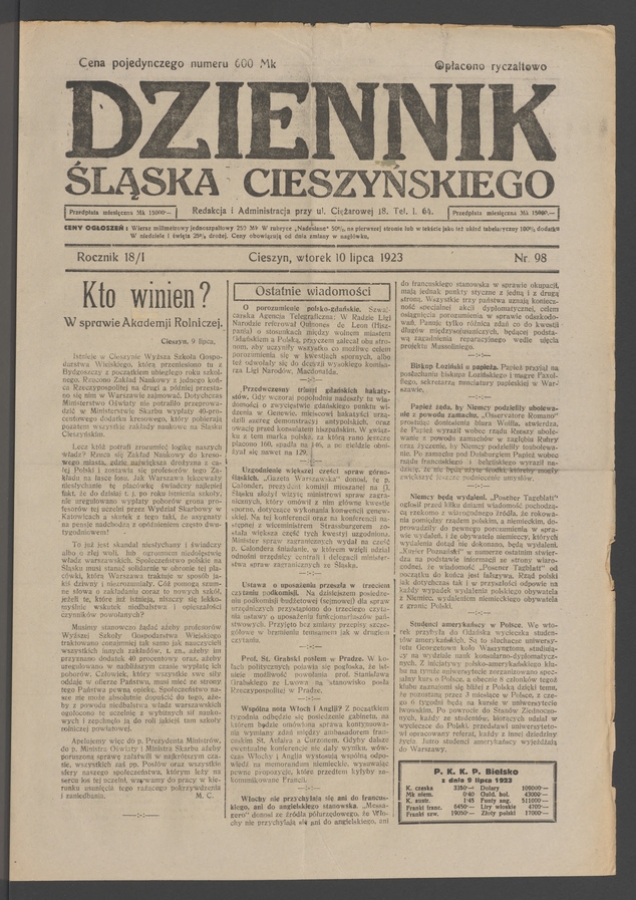 Dziennik Śląska Cieszyńskiego. Rocznik&nbsp;18/1, 1923, numer&nbsp;98