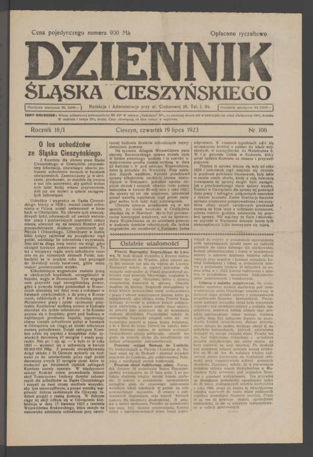Dziennik Śląska Cieszyńskiego. Rocznik&nbsp;18/1, 1923, numer&nbsp;106
