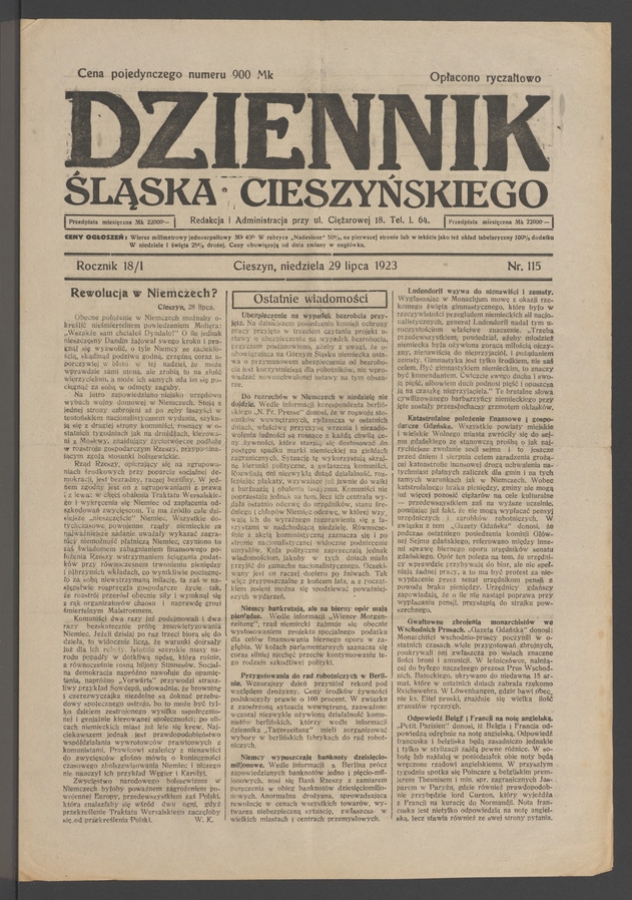 Dziennik Śląska Cieszyńskiego. Rocznik&nbsp;18/1, 1923, numer&nbsp;115