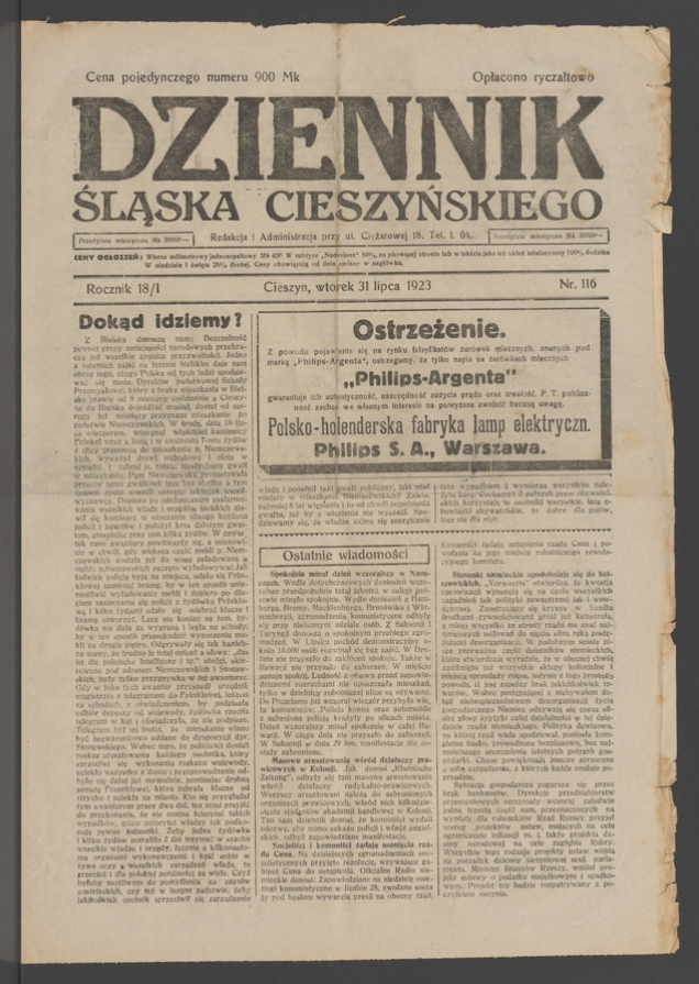 Dziennik Śląska Cieszyńskiego. Rocznik&nbsp;18/1, 1923, numer&nbsp;116