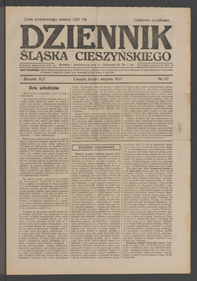 Dziennik Śląska Cieszyńskiego. Rocznik&nbsp;18/1, 1923, numer&nbsp;117