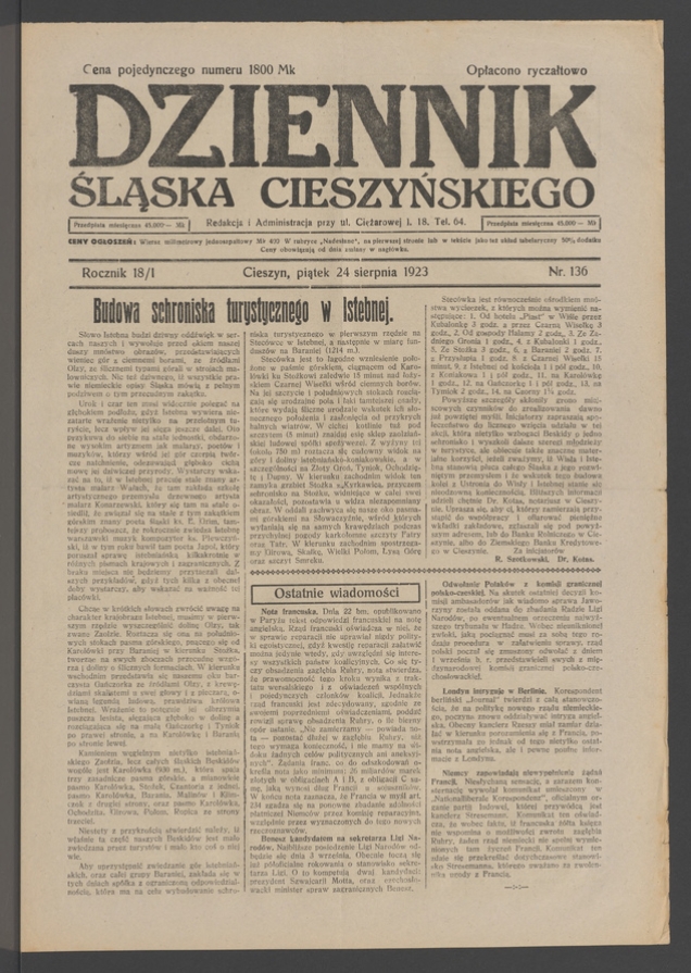 Dziennik Śląska Cieszyńskiego. Rocznik&nbsp;18/1, 1923, numer&nbsp;136