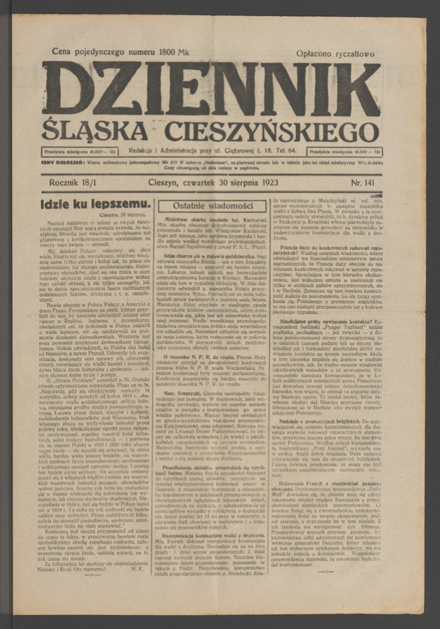 Dziennik Śląska Cieszyńskiego. Rocznik&nbsp;18/1, 1923, numer&nbsp;141